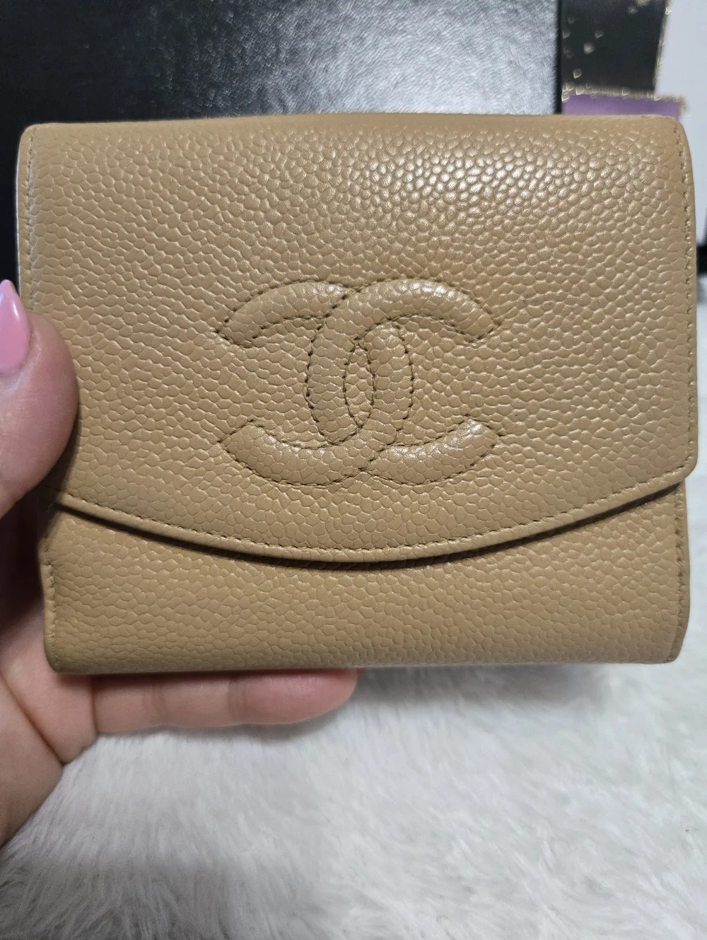 Chanel Caviar Leather Compact Beige Wallet EUC
